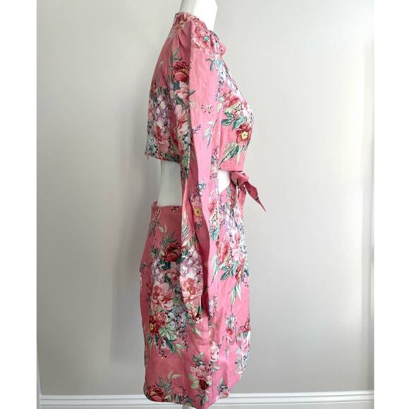Zimmermann Bellitude Bow Front Pink Floral Linen Mini Dress Size 3/US 10 - Picture 6 of 11